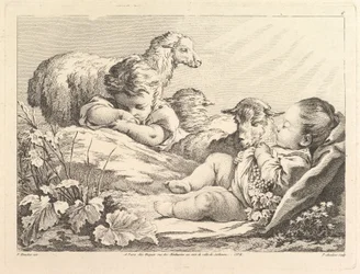 Deux enfants endormis avec trois moutons, 18ème siècle