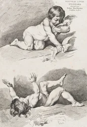 Deux enfants nus jouant avec une feuille, du Nouveau Livre des enfants, 1720-60