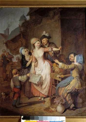La Séduction. Un homme séduit une jeune femme en lui offrant un bouquet de fleurs; une autre femme semble la mettre en garde. Peinture de Pierre-Alexandre Wille dit Wille Fils (1748-1821). 1778. Paris, Musée des Arts décoratifs