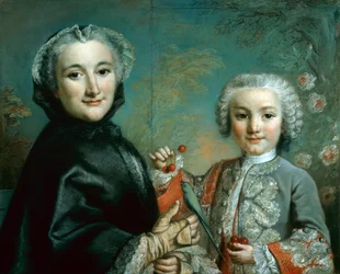 Femme et enfant avec une perruche et des cerises