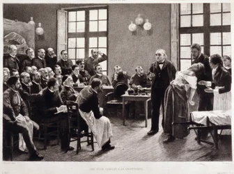 Une leçon clinique par le Dr Charcot à la Salpêtrière en 1887. Étudiants du département du professeur Jean Martin Charcot qui explique le cas de Blanche Wittman, sa patiente et cobaye préférée pour ses recherches sur l