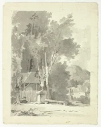 Urne classique devant un hangar, avec temple et montagne en arrière-plan