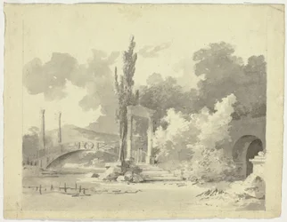 Vue du parc de Versailles : Pont en arc et abords à colonnes