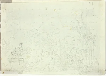 Vue du parc de Versailles : Statue équestre parmi les arbres