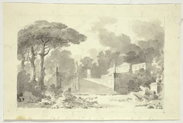 Vue du parc de Versailles : Escalier monumental, piédestal et temple