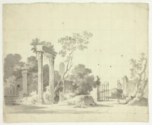 Vue du parc de Versailles : Colonnes en ruine et grille de fer ouverte