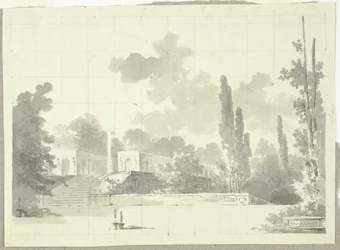 Vue du parc de Versailles : Escalier de la terrasse avec temple et colonne