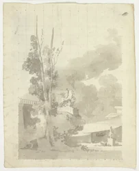 Vue du parc de Versailles : Terrasse, arbres et statue équestre