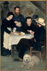 Chez la Mère Antony à Marlotte (Bourron-Marlotte (77)) : Claude Monet, Alfred Sisley et Charles Le Coeur autour de la table avec Mère Anthony