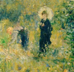 Femme avec parasol dans un jardin