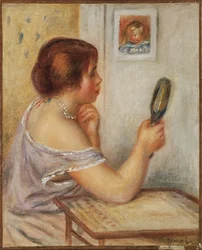Gabrielle tenant un miroir ou Marie Dupuis tenant un miroir avec un portrait de Coco, début des années 1900