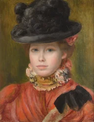 Fille au chapeau noir avec des fleurs rouges, vers 1890