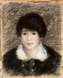 Jeune femme, vue du visage avec une robe noire et un col blanc. Dessin de Pierre Auguste (Pierre-Auguste) Renoir (1841-1919)