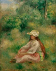 Jeune fille en rose dans un paysage
