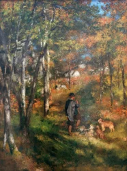 Le peintre Jules Le Coeur et ses chiens dans la forêt de Fontainebleau