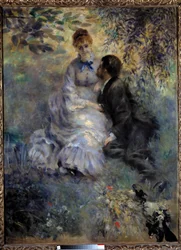 Amoureux. Couple assis dans un jardin. Peinture de Pierre-Auguste Renoir (1841-1919)