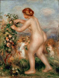 Ode aux fleurs. Femme nue cueillant des roses à un rosier