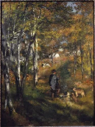 Le peintre Jules Le Coeur avec ses chiens dans la forêt de Fontainebleau