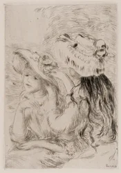 Deux jeunes filles épinglant des fleurs sur leurs chapeaux, vers 1894 (gravure à l