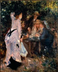 Sous la tonnelle. Portraits des peintres Claude Monet, Alfred Sisley et Norbert Goeneutte. Peinture de Pierre Auguste Renoir