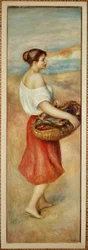 Jeune femme avec un panier de poissons (huile sur toile)