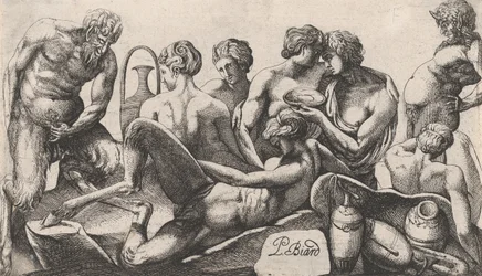 Huit satyres et satyresses terminant un repas