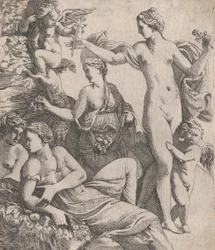 Vénus, debout avec les trois Grâces, reçoit une fleur d