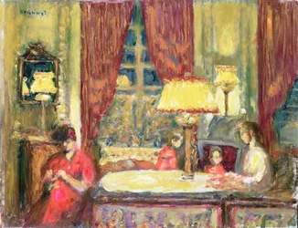 Intérieur éclairé à la lampe avec figures