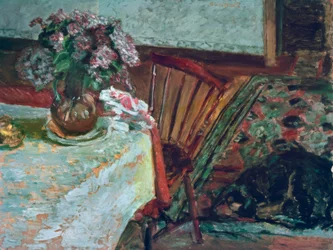 Le chien Black et le bouquet de lilas