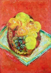 Pêches et raisins sur une nappe rouge, vers 1943
