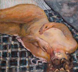 Nu couché sur fond de plaid blanc et bleu, vers 1909 (huile sur toile)