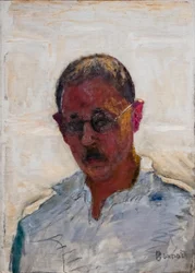 Autoportrait sur fond blanc, chemise à col ouvert