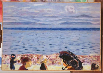 La plage, mer bleue, vers 1930