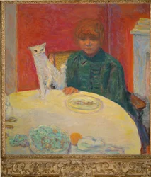 Femme avec chat ou Le chat exigeant (peinture sur toile)