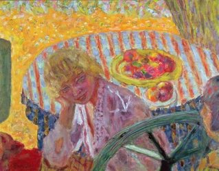 Jeune fille avec une nappe rayée