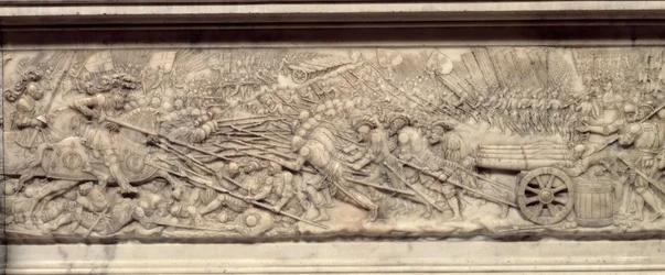 La bataille de Marignan en 1515. Tombeau du cœur du roi de France François Ier (1494-1547) : Bas-relief par Pierre Bontemps (vers 1507-1568)