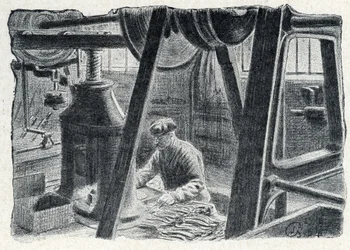 Estampage de coutellerie avec un moulin Gravure tirée de 