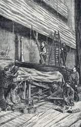 Maîtres de propriété : installation des décors avant la représentation Gravure de « Excursion à travers les métiers » par Pierre Calmette Collection privée