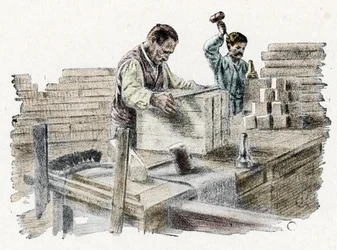 Savonnerie: le découpage des pains de savon, gravure de «Excursion à travers les métiers» de Pierre Calmette, collection privée