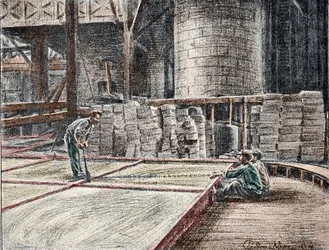 Savonnerie: découpage du savon dans les mises Gravure de « Excursion à travers les métiers » par Pierre Calmette Collection privée