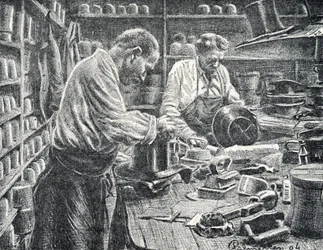 Manufacture de chapeaux haut de forme en soie Gravure de Pierre Calmette Collection privée