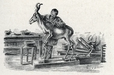Taxidermie : un taxidermiste empaillant un bubale dans son atelier, gravure de « Excursion à travers les métiers » par Pierre Calmette, collection privée