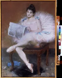Danseuse de ballet assise. Ballerine en tutu lisant "le petit journal"