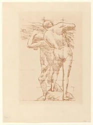 Étude de deux hommes nus avec une botte de paille