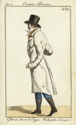 Jeune dandy en manteau de cavalier, gilet en duvet de cygne