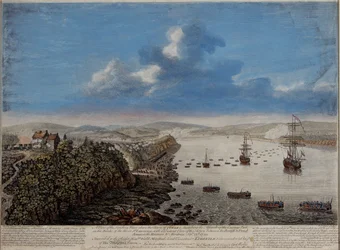 Vue du lieu de débarquement au-dessus de la ville de Québec décrivant l