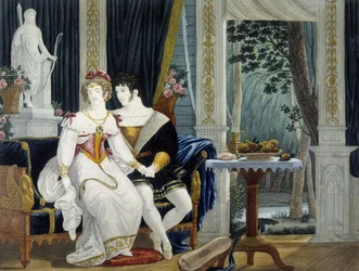 Jeune couple bourgeois dans un intérieur en conversation galante - par Pierre Chasselat, début du 19e siècle