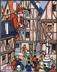 Le géant Gargantua dans les rues de Chinon Illustration par Pierre Couselles (décédé en 1938) de « Gargantua » par François Rabelais
