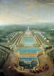 Vue en perspective du château de Marly, le roi Louis XV enfant dans une calèche passe devant l