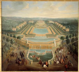 Vue en perspective du château de Marly, le roi Louis XV quittant le château